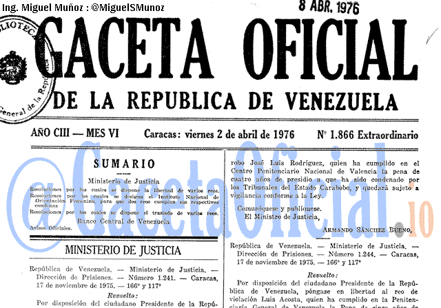 Gaceta Oficial 1866 del 2 Abril 1976