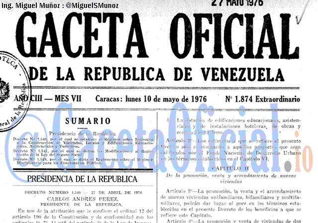 Gaceta Oficial 1874 del 10 Mayo 1976