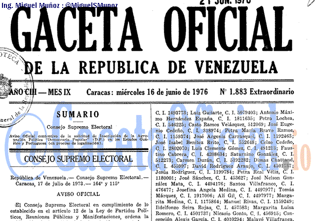 Gaceta Oficial 1883 del 16 Junio 1976