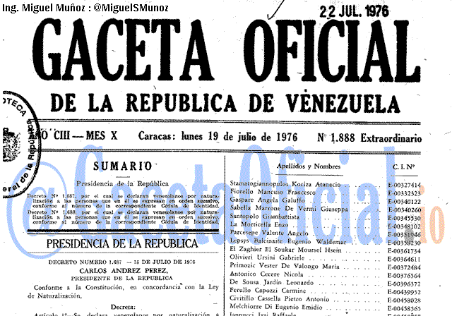 Gaceta Oficial 1888 del 19 Julio 1976