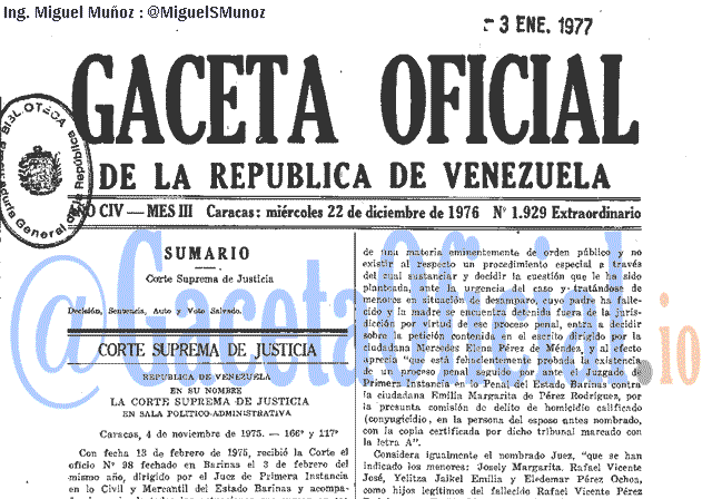 Gaceta Oficial 1929 del 22 Diciembre 1976