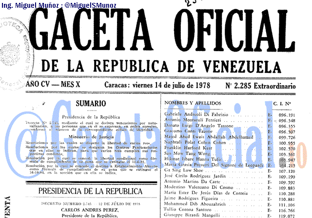 Gaceta Oficial 2285 del 14 Julio 1978