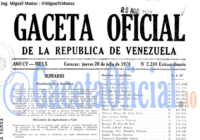 Gaceta Oficial 2289 del 20 Julio 1978