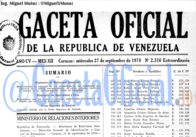 Gaceta Oficial 2316 del 27 Septiembre 1978