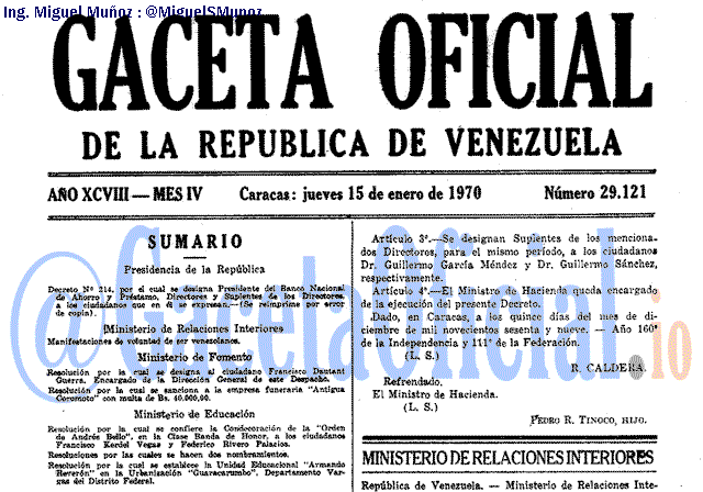 Gaceta Oficial 29121 del 15 Enero 1970