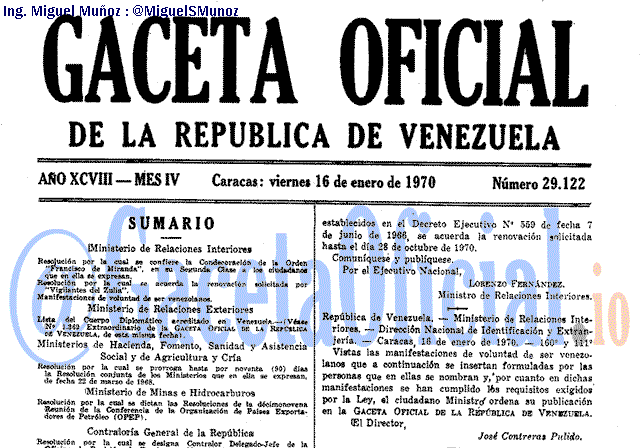 Gaceta Oficial 29122 del 16 Enero 1970