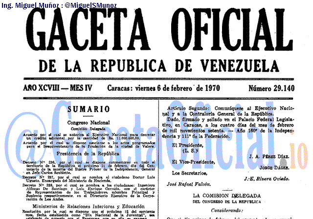 Gaceta Oficial 29140 del 6 Febrero 1970