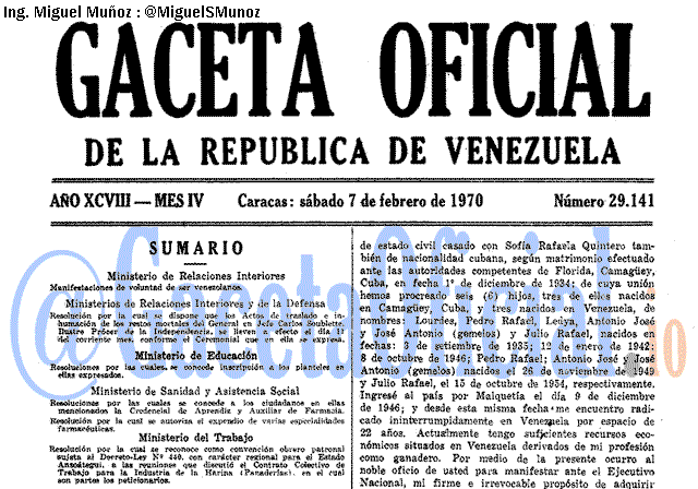 Gaceta Oficial 29141 del 7 Febrero 1970