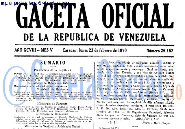 Gaceta Oficial 29152 del 23 Febrero 1970