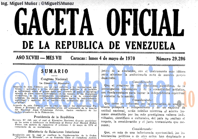 Gaceta Oficial 29206 del 4 Mayo 1970