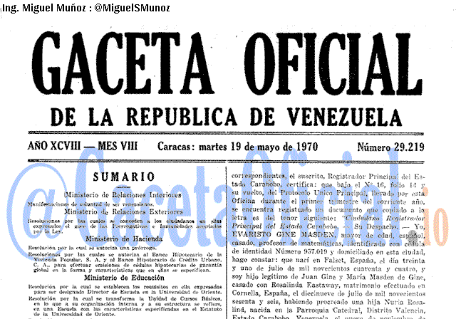 Gaceta Oficial 29219 del 19 Mayo 1970