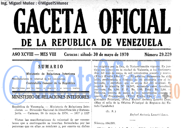 Gaceta Oficial 29229 del 30 Mayo 1970
