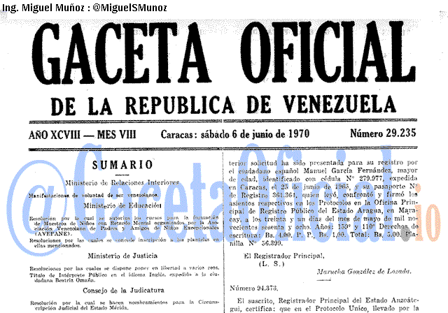 Gaceta Oficial 29235 del 6 Junio 1970
