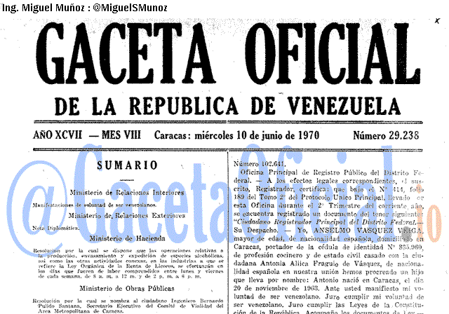Gaceta Oficial 29238 del 10 Junio 1970