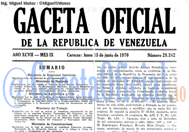 Gaceta Oficial 29242 del 15 Junio 1970