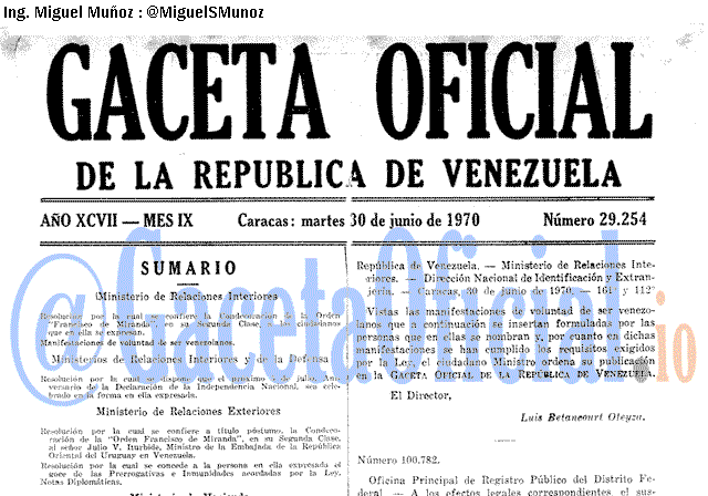 Gaceta Oficial 29254 del 30 Junio 1970