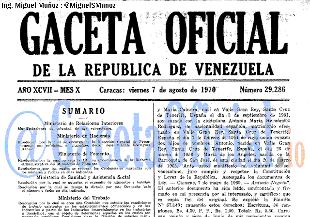 Gaceta Oficial 29286 del 7 Agosto 1970