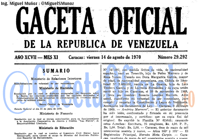 Gaceta Oficial 29292 del 14 Agosto 1970