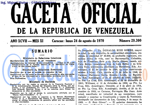Gaceta Oficial 29300 del 24 Agosto 1970