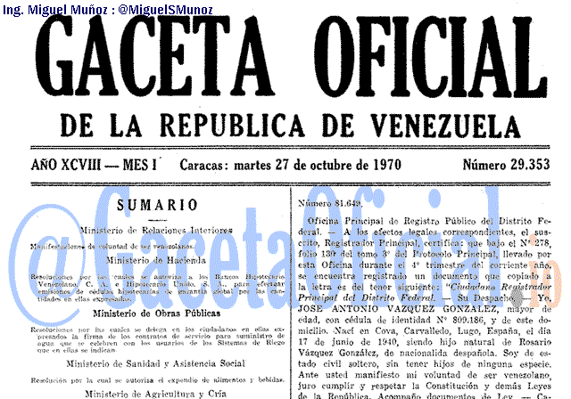 Gaceta Oficial 29353 del 27 Octubre 1970