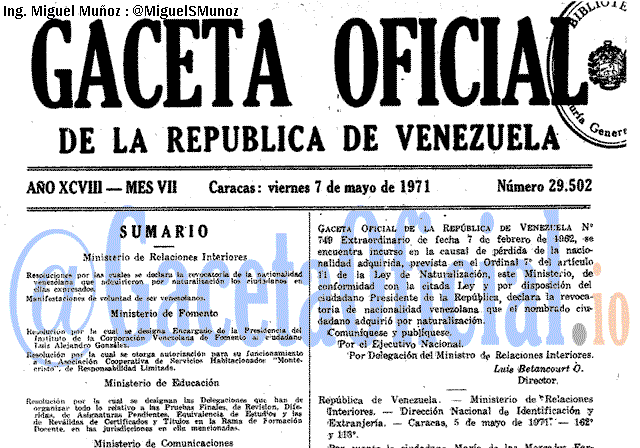 Gaceta Oficial 29502 del 7 Mayo 1971