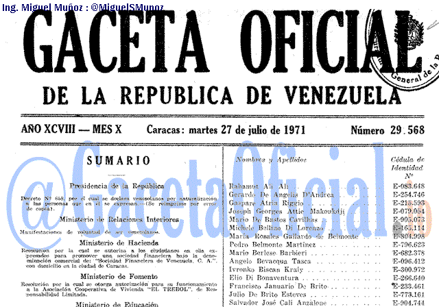 Gaceta Oficial 29568 del 27 Julio 1971