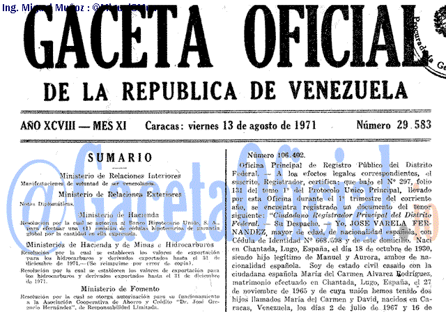 Gaceta Oficial 29583 del 13 Agosto 1971