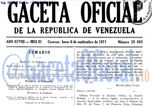 Gaceta Oficial 29603 del 6 Septiembre 1971