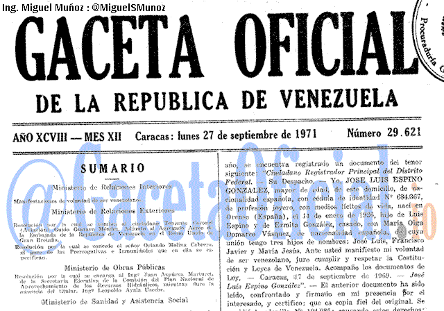 Gaceta Oficial 29621 del 27 Septiembre 1971
