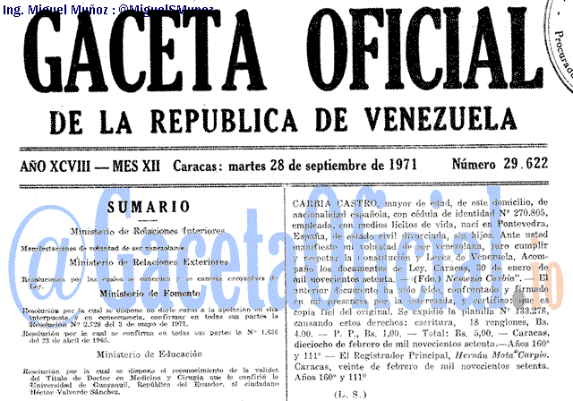 Gaceta Oficial 29622 del 28 Septiembre 1971