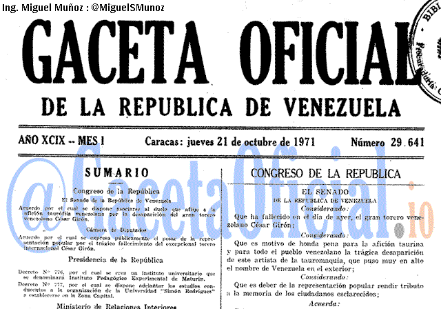 Gaceta Oficial 29641 del 21 Octubre 1971