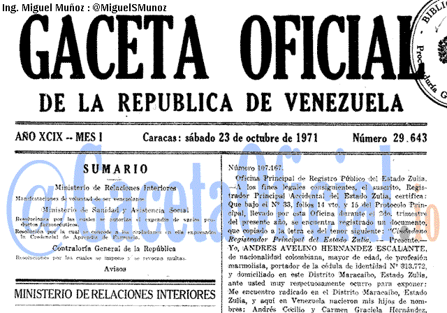Gaceta Oficial 29643 del 23 Octubre 1971