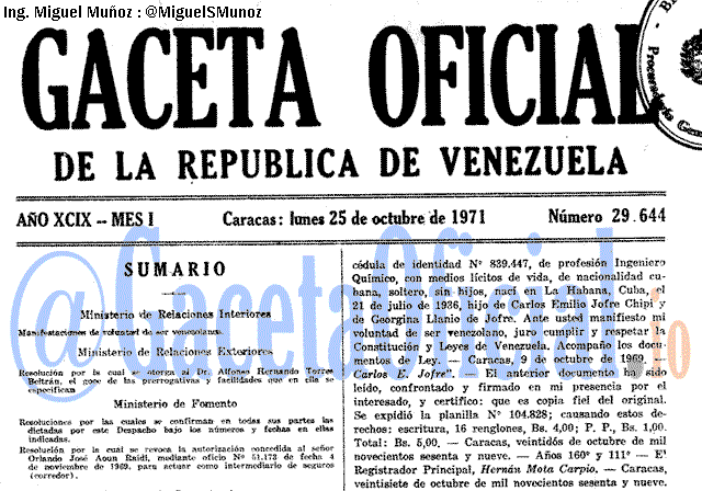 Gaceta Oficial 29644 del 25 Octubre 1971