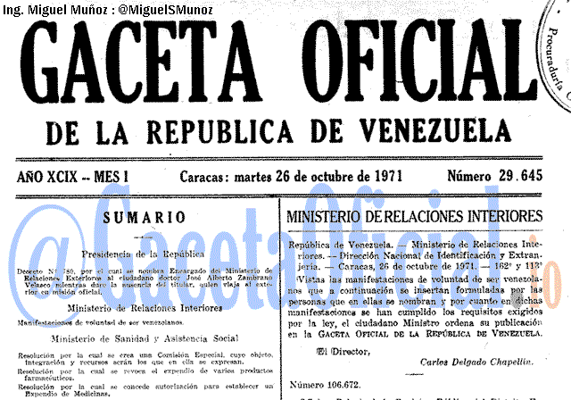 Gaceta Oficial 29645 del 26 Octubre 1971