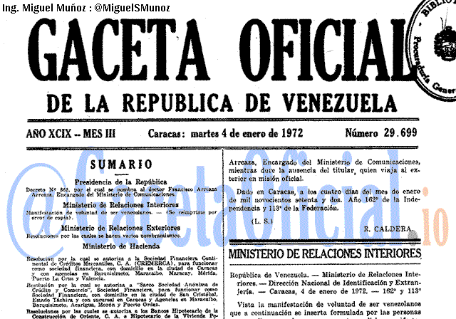 Gaceta Oficial 29699 del 4 Enero 1972