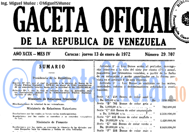 Gaceta Oficial 29707 del 13 Enero 1972