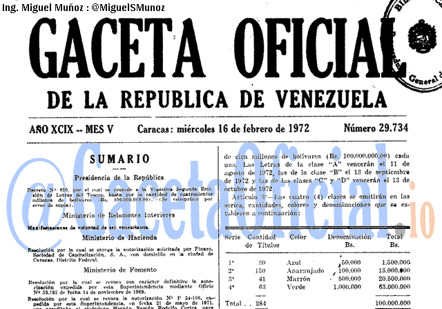 Gaceta Oficial 29734 del 16 Febrero 1972