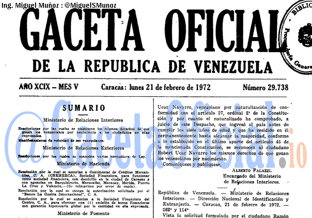 Gaceta Oficial 29738 del 21 Febrero 1972