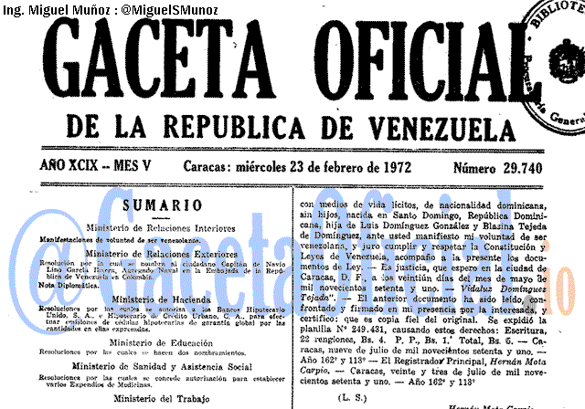 Gaceta Oficial 29740 del 23 Febrero 1972