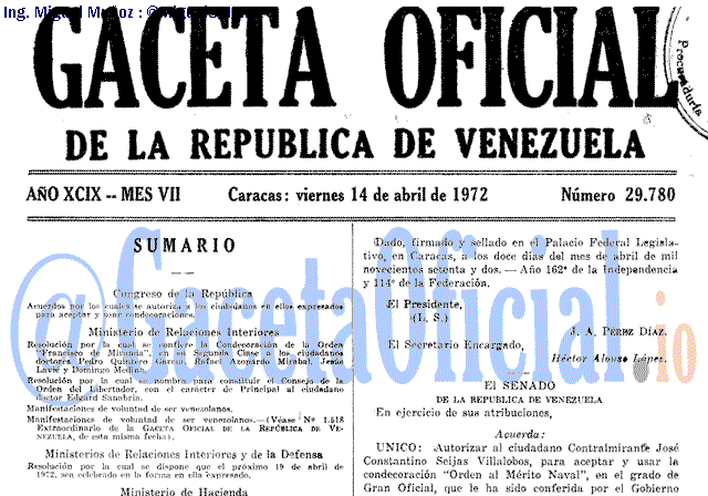 Gaceta Oficial 29780 del 14 Abril 1972