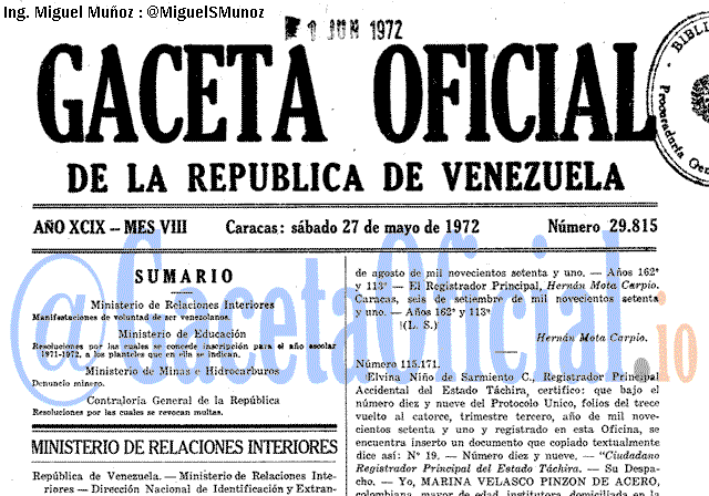 Gaceta Oficial 29815 del 27 Mayo 1972