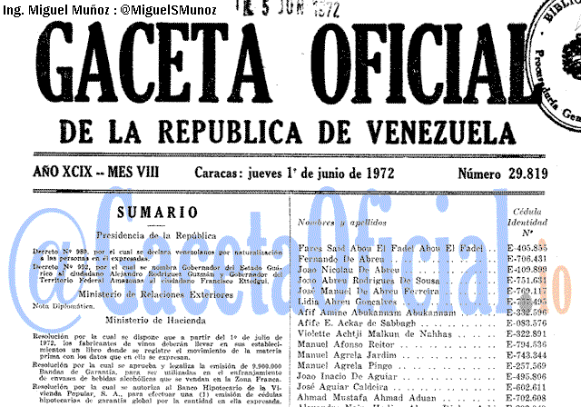 Gaceta Oficial 29819 del 1 Junio 1972