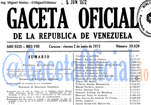 Gaceta Oficial 29820 del 2 Junio 1972