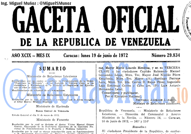 Gaceta Oficial 29834 del 19 Junio 1972
