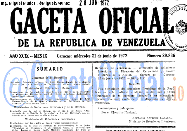 Gaceta Oficial 29836 del 21 Junio 1972