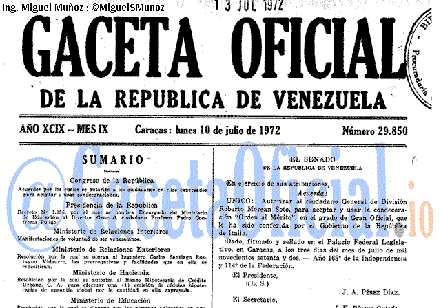 Gaceta Oficial 29850 del 10 Julio 1972