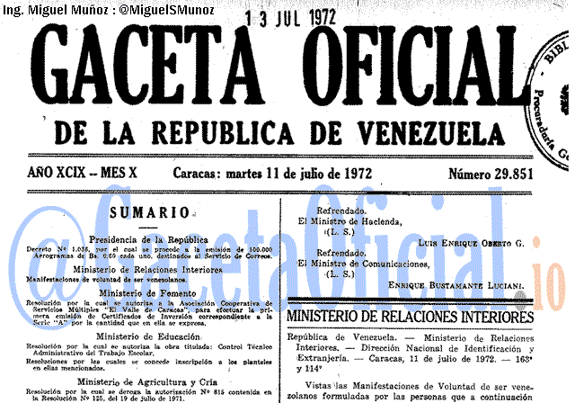 Gaceta Oficial 29851 del 11 Julio 1972
