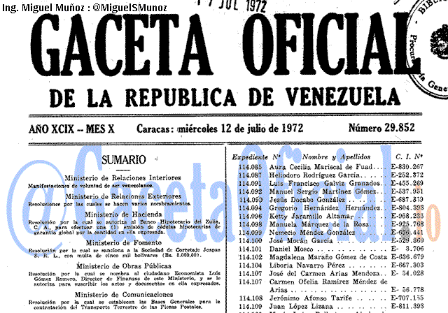 Gaceta Oficial 29852 del 12 Julio 1972