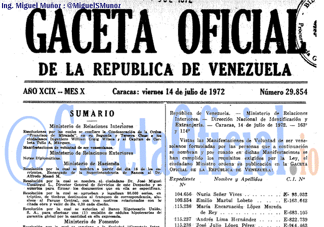 Gaceta Oficial 29854 del 14 Julio 1972