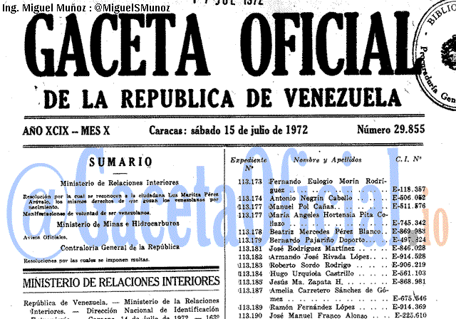 Gaceta Oficial 29855 del 15 Julio 1972